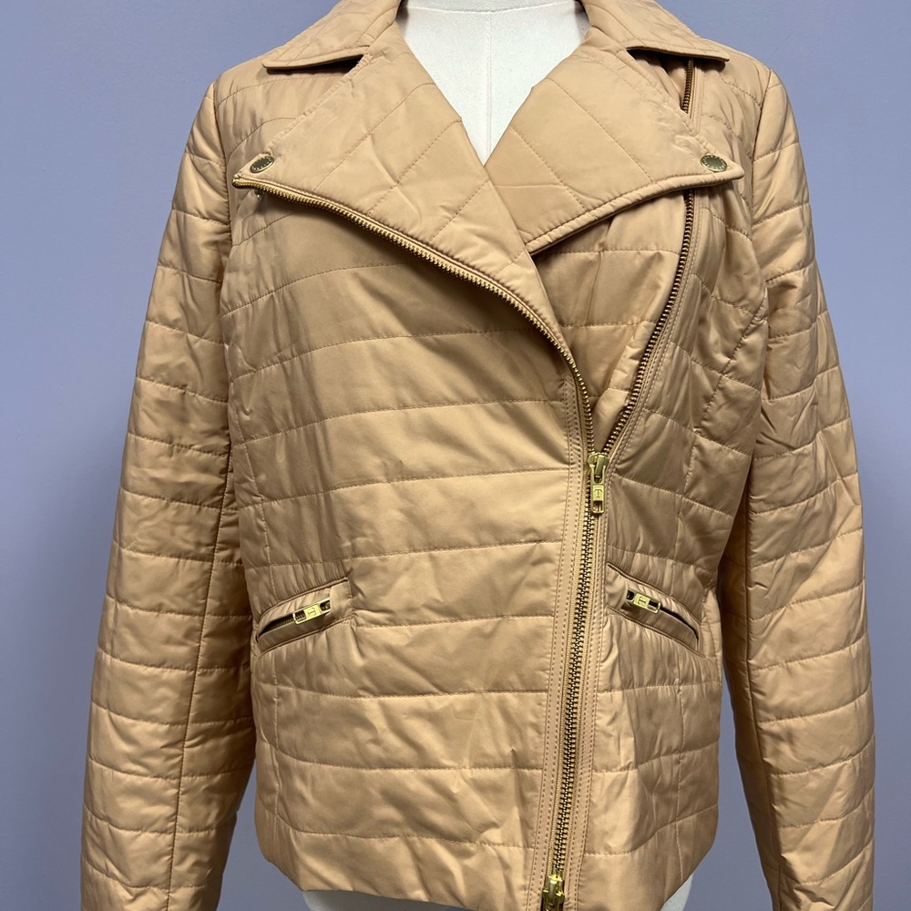 Talbots Tan Quilted Puffer Jacket with Gold Details